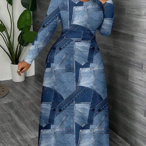 Stylish Blue Patchwork Maxi Dress - Picture 3 of 4